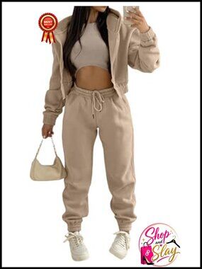 3 Piece Sweatsuit Set Zip Up Hoodie Crop Tank Jogger Pants Tracksuit